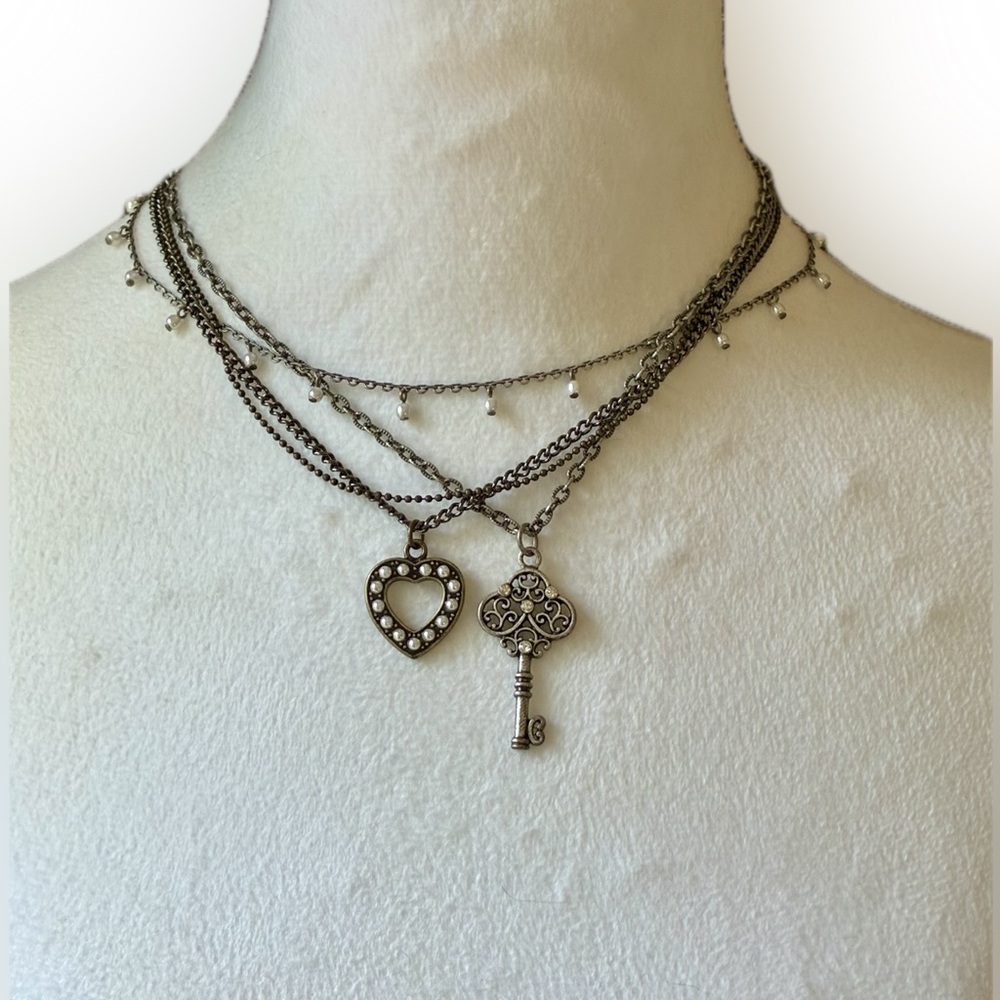 Cookie Lee Silver Multi-Layer Heart and Key Necklace